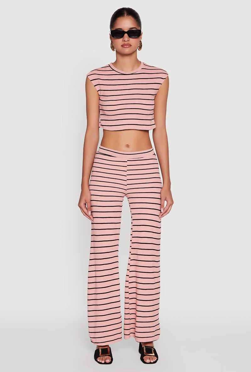 Womens Trendy Striped Brushed Knit Flare Leg Pants, Pink, Size XL