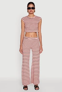 Womens Trendy Striped Brushed Knit Flare Leg Pants, Pink, Size XL