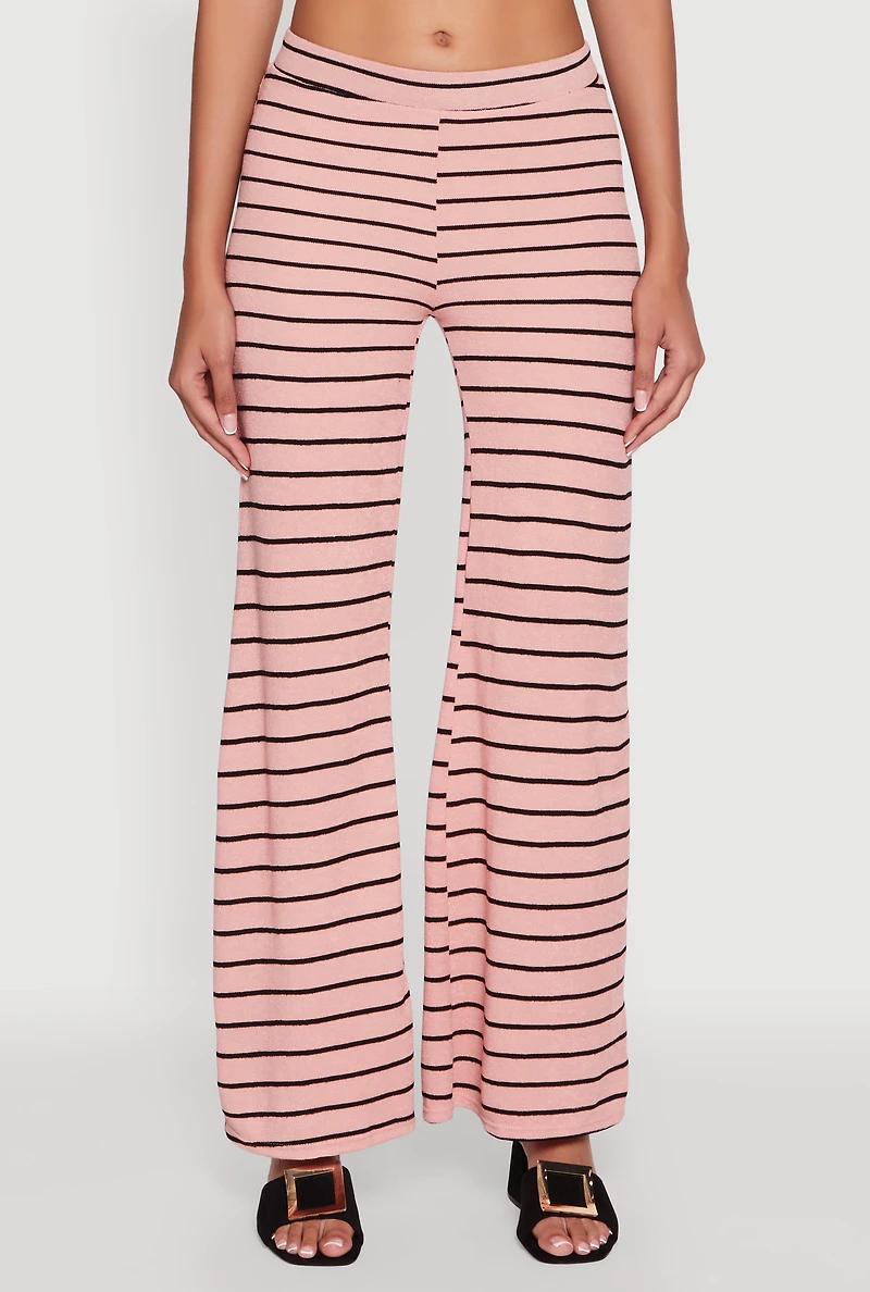 Womens Trendy Striped Brushed Knit Flare Leg Pants, Pink, Size XL