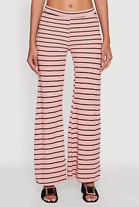 Womens Trendy Striped Brushed Knit Flare Leg Pants, Pink, Size L