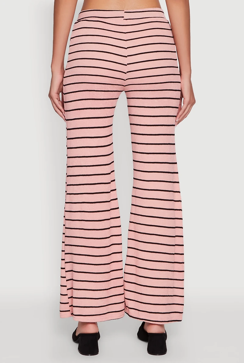 Womens Trendy Striped Brushed Knit Flare Leg Pants, Pink, Size L