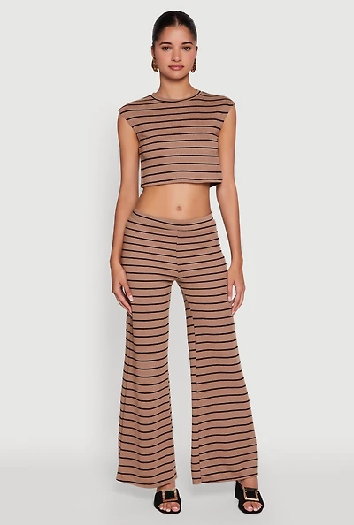 Womens Trendy Striped Brushed Knit Flare Leg Pants, L