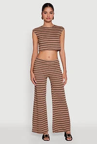 Womens Trendy Striped Brushed Knit Flare Leg Pants, L