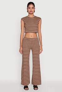 Womens Trendy Striped Brushed Knit Flare Leg Pants, L