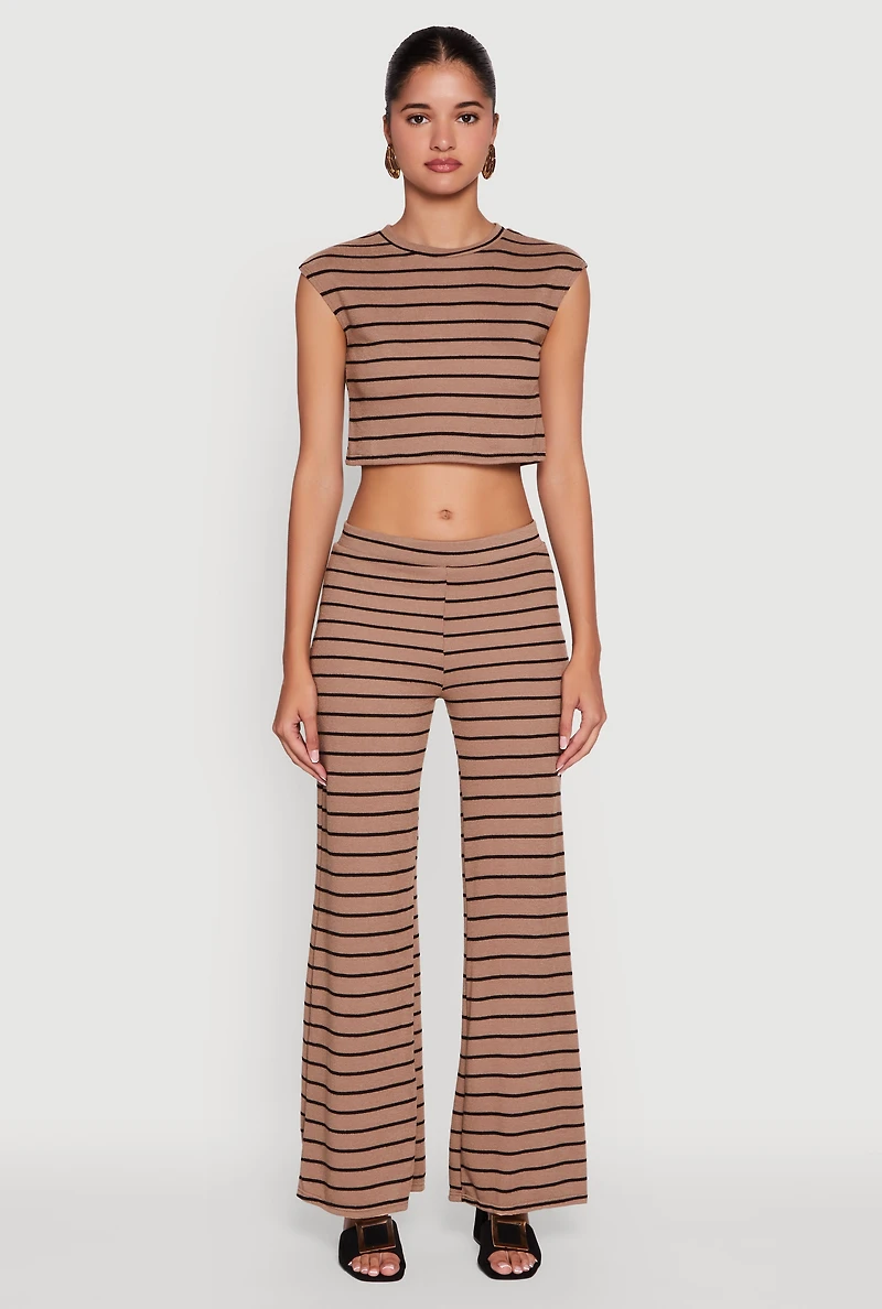 Womens Trendy Striped Brushed Knit Flare Leg Pants, Brown, Size S