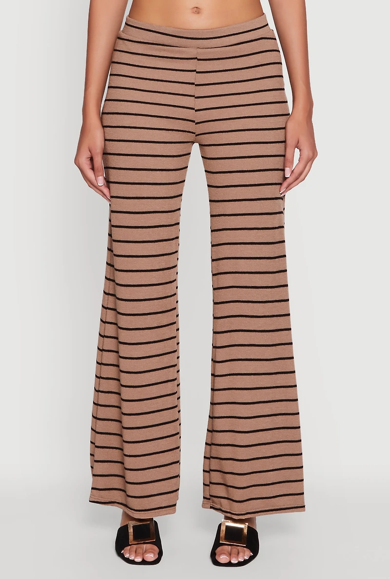 Womens Trendy Striped Brushed Knit Flare Leg Pants, Brown, Size S
