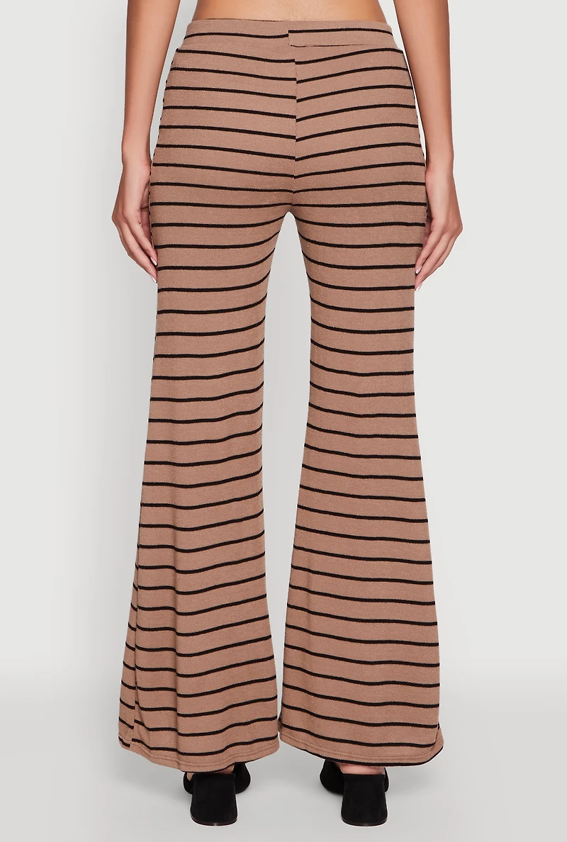 Womens Trendy Striped Brushed Knit Flare Leg Pants, Brown, Size S