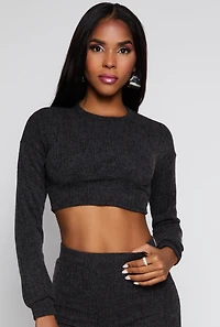 Womens Textured Brushed Knit Long Sleeve Crop Top,