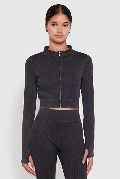 Womens Seamless Ribbed Zip Front Cropped Track Jacket,
