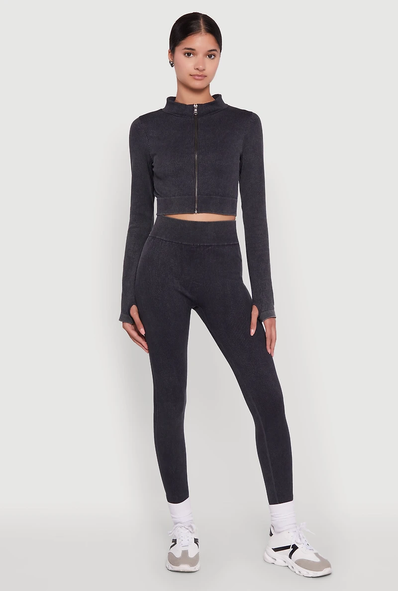 Womens Seamless Ribbed Zip Front Cropped Track Jacket,