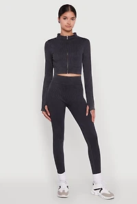 Womens Seamless Ribbed Zip Front Cropped Track Jacket,