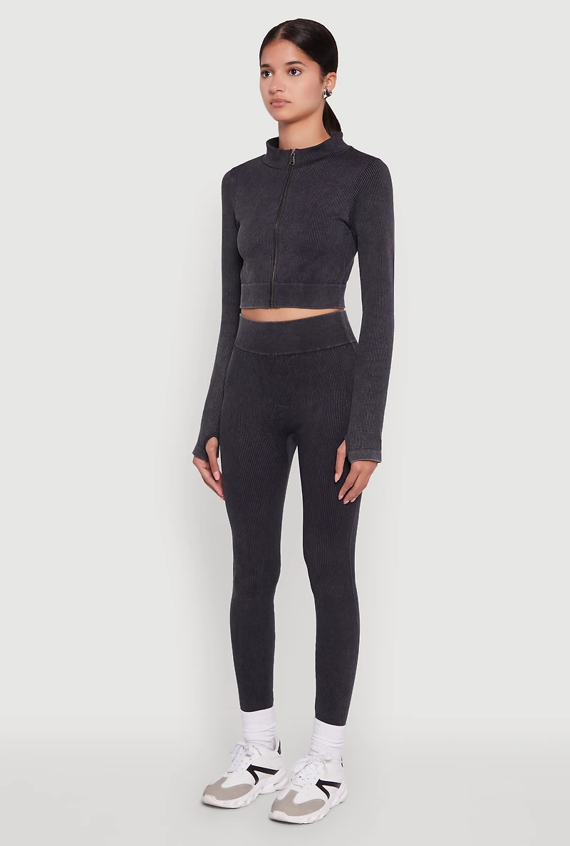 Womens Seamless Ribbed Zip Front Cropped Track Jacket, S-M