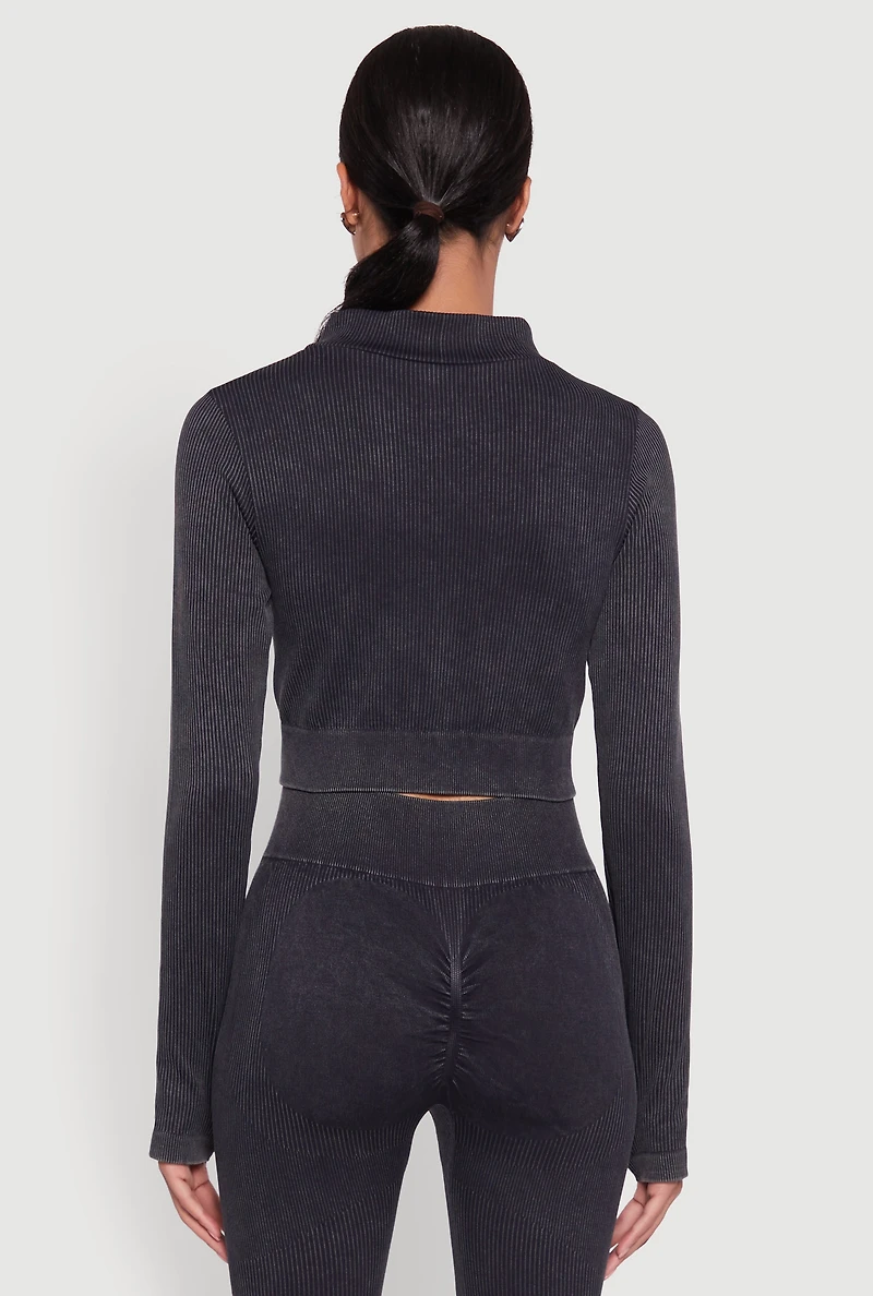 Womens Seamless Ribbed Zip Front Cropped Track Jacket, S-M