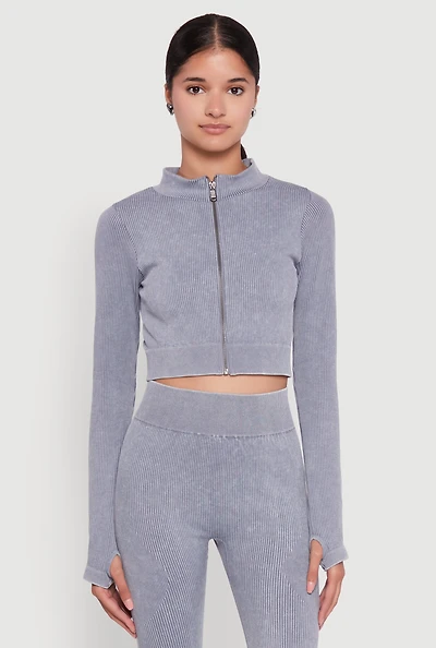 Womens Seamless Ribbed Zip Front Cropped Track Jacket, Grey, Size S-M