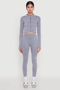 Womens Seamless Ribbed Zip Front Cropped Track Jacket, Grey, Size S-M