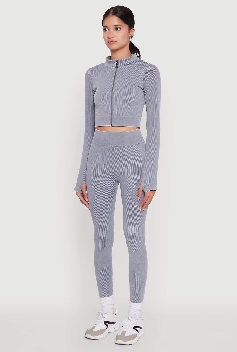 Womens Seamless Ribbed Zip Front Cropped Track Jacket, Grey, Size S-M