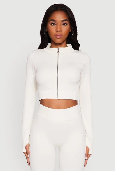 Womens Seamless Ribbed Zip Front Cropped Track Jacket, White, Size S-M