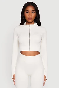 Womens Seamless Ribbed Zip Front Cropped Track Jacket, White, Size S-M