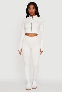 Womens Seamless Ribbed Zip Front Cropped Track Jacket, White, Size S-M