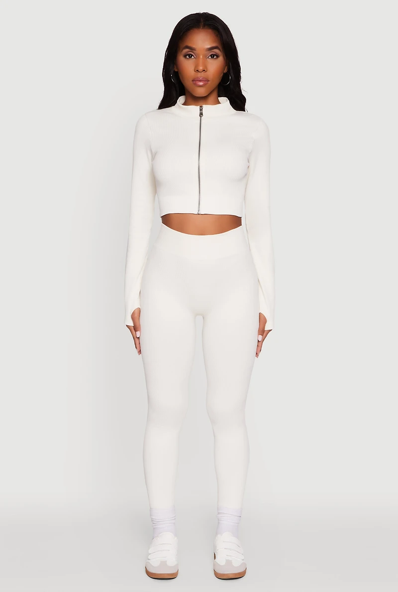 Womens Seamless Ribbed Zip Front Cropped Track Jacket, White, Size S-M