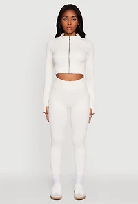 Womens Seamless Ribbed Zip Front Cropped Track Jacket, White, Size S-M