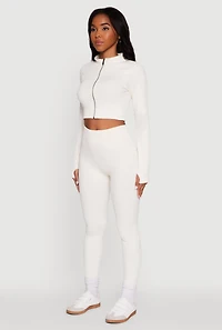 Womens Seamless Ribbed Zip Front Cropped Track Jacket, White, Size S-M