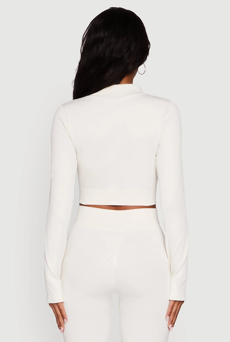 Womens Seamless Ribbed Zip Front Cropped Track Jacket, White, Size S-M