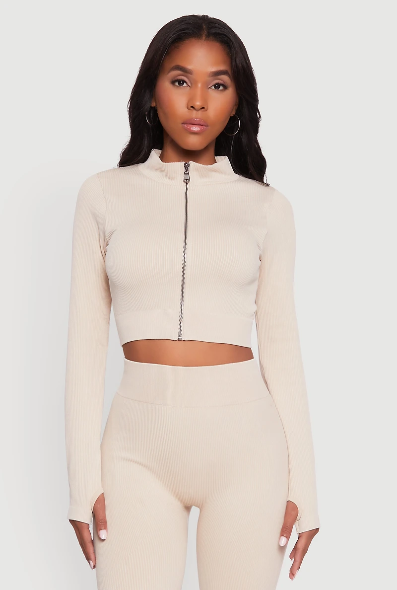 Womens Seamless Ribbed Zip Front Cropped Track Jacket, Beige, Size S-M