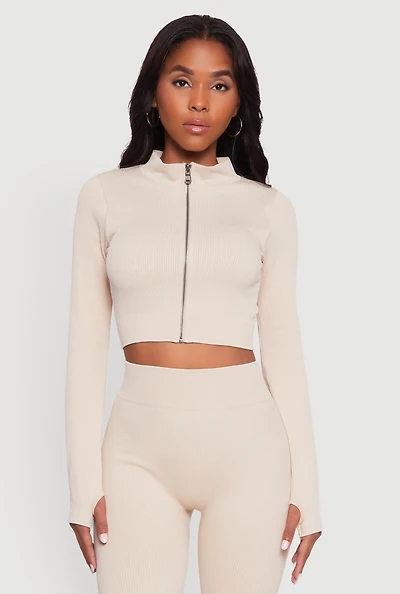 Womens Seamless Ribbed Zip Front Cropped Track Jacket, Beige, Size S-M