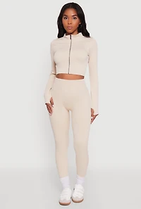 Womens Seamless Ribbed Zip Front Cropped Track Jacket, Beige, Size S-M