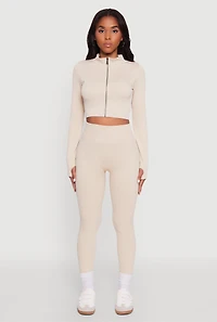 Womens Seamless Ribbed Zip Front Cropped Track Jacket, Beige, Size S-M