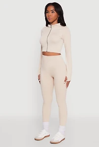 Womens Seamless Ribbed Zip Front Cropped Track Jacket, Beige, Size S-M