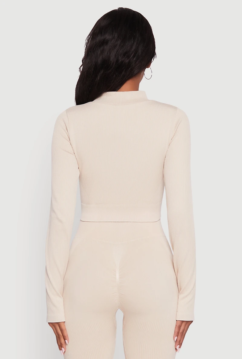 Womens Seamless Ribbed Zip Front Cropped Track Jacket, L-XL