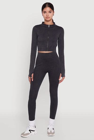 Womens High Waisted Ribbed Knit Seamless Leggings, Black, Size L-XL