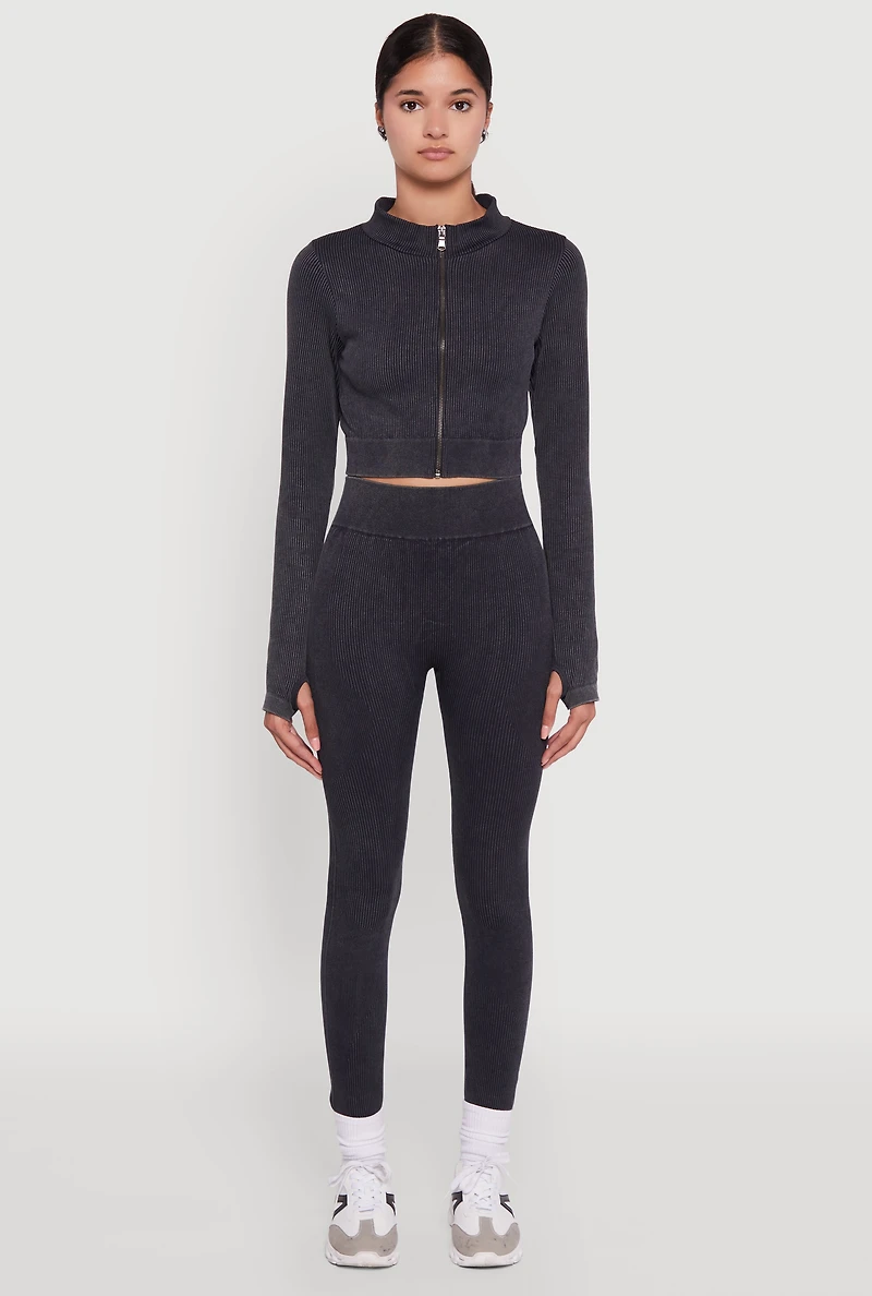Womens High Waisted Ribbed Knit Seamless Leggings, Black, Size L-XL