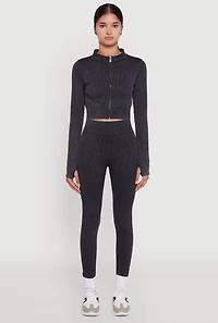 Womens High Waisted Ribbed Knit Seamless Leggings, Black, Size L-XL