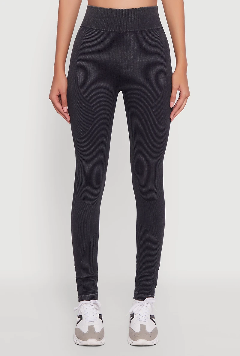 Womens High Waisted Ribbed Knit Seamless Leggings, Black, Size L-XL