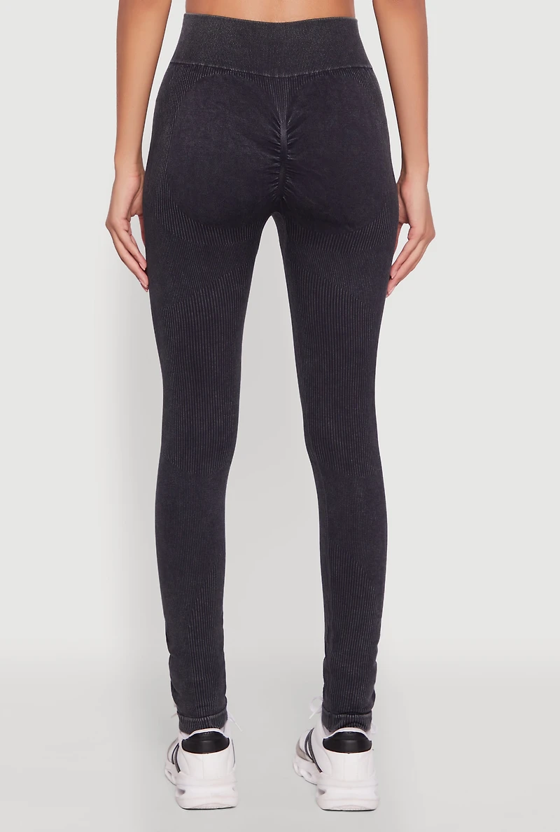 Womens High Waisted Ribbed Knit Seamless Leggings, Black, Size L-XL