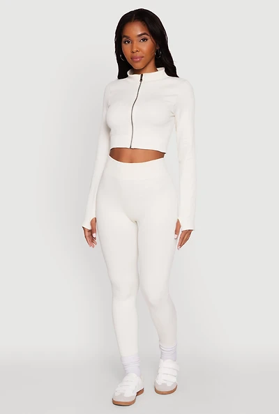 Womens High Waisted Ribbed Knit Seamless Leggings, White, Size S-M