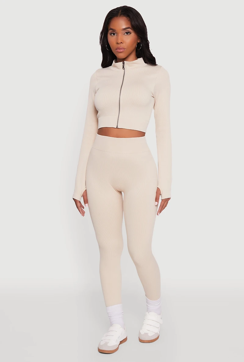 Womens High Waisted Ribbed Knit Seamless Leggings, Khaki, Size L-XL