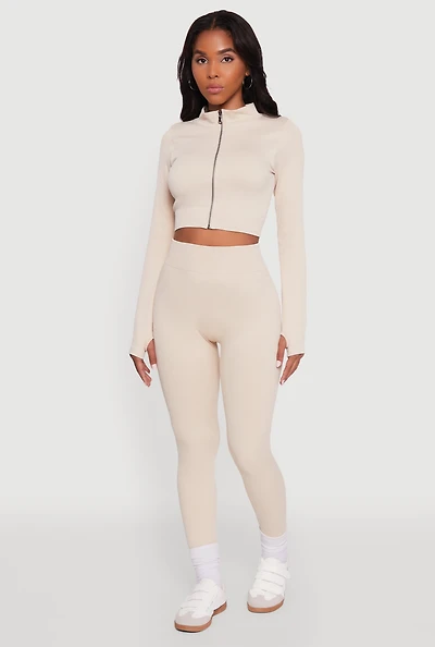Womens High Waisted Ribbed Knit Seamless Leggings, Khaki, Size L-XL
