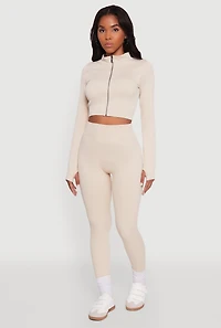 Womens High Waisted Ribbed Knit Seamless Leggings, Khaki, Size L-XL