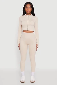 Womens High Waisted Ribbed Knit Seamless Leggings, Khaki, Size S-M