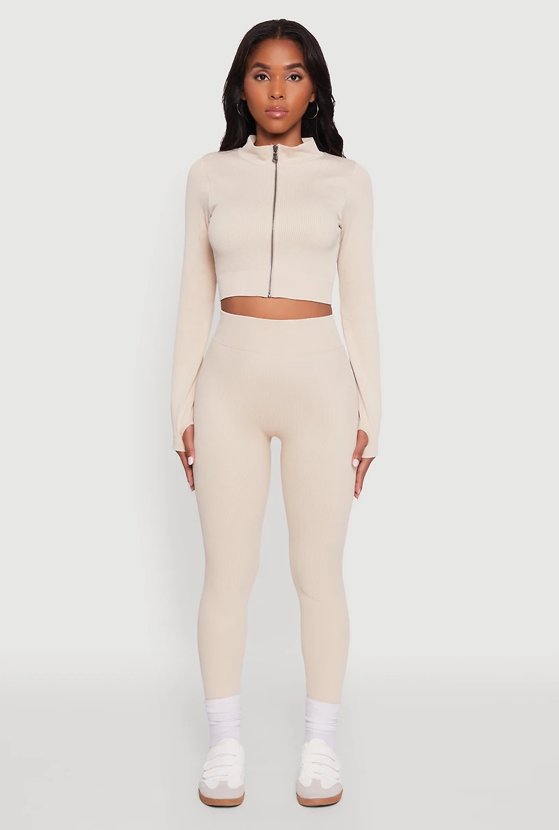 Womens High Waisted Ribbed Knit Seamless Leggings, Khaki, Size S-M