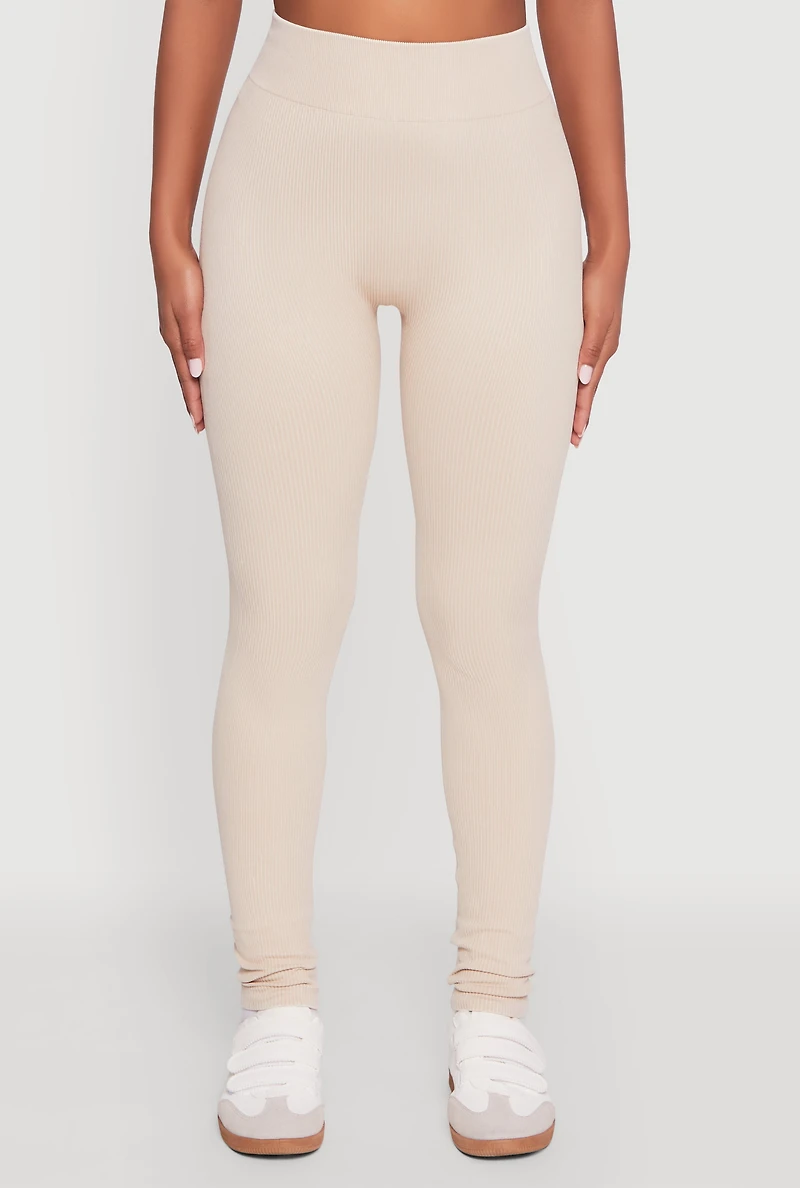 Womens High Waisted Ribbed Knit Seamless Leggings, Khaki, Size S-M