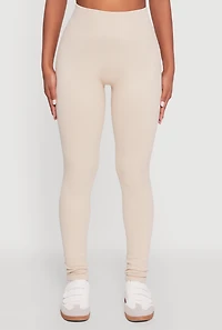 Womens High Waisted Ribbed Knit Seamless Leggings, Khaki, Size S-M