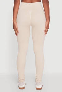 Womens High Waisted Ribbed Knit Seamless Leggings, Khaki, Size L-XL