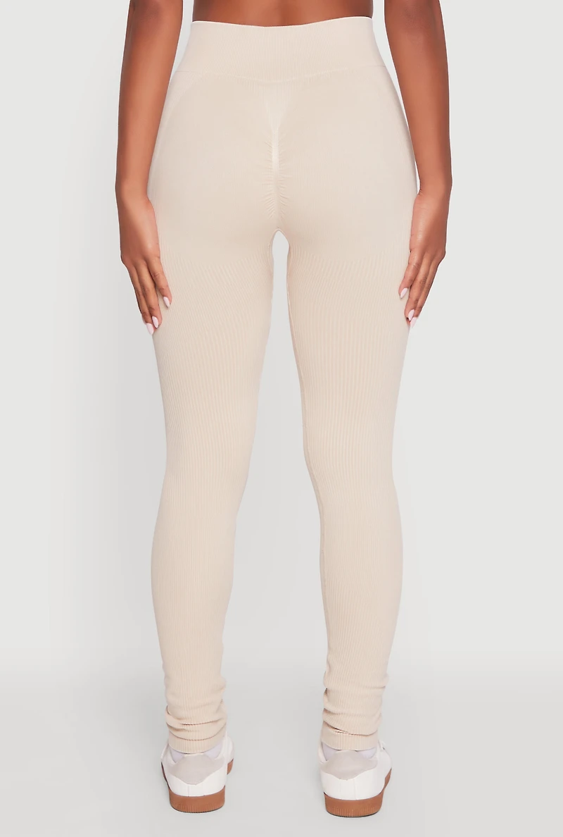 Womens High Waisted Ribbed Knit Seamless Leggings, Khaki, Size S-M