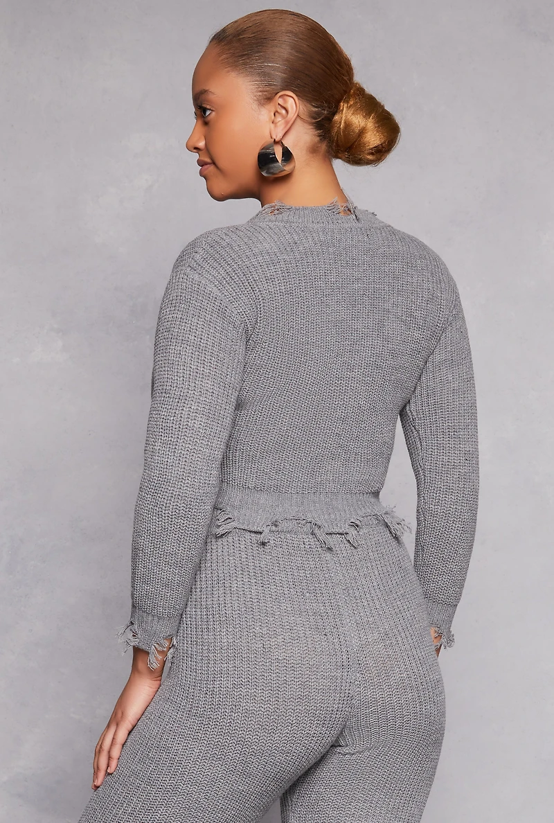 Distressed Long Sleeve V Neck Sweater