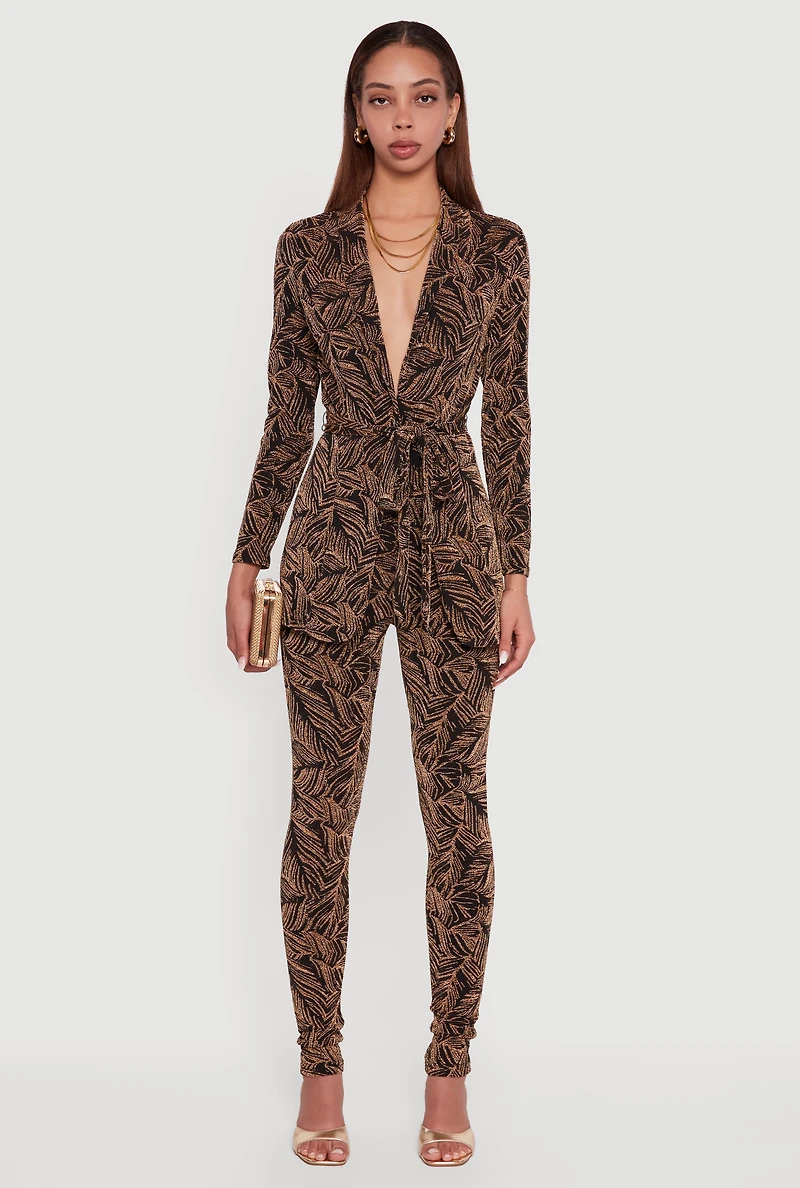 Womens Lurex Printed Tie Waist Blazer and Leggings Set, Multi, Size XL